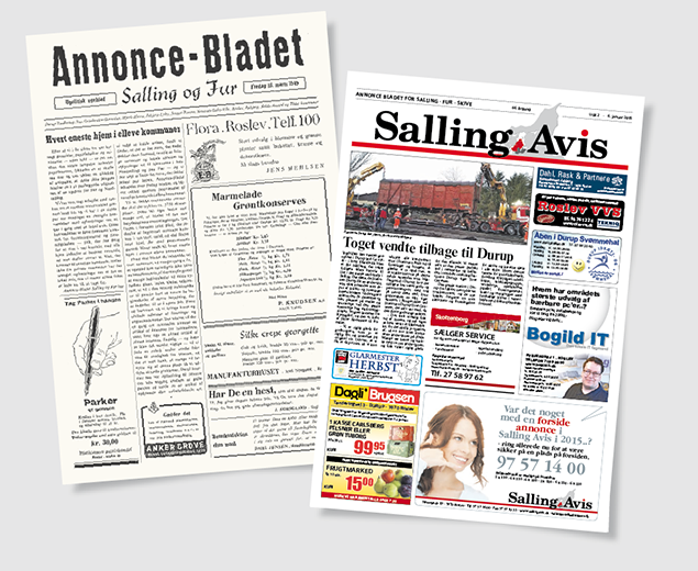 Her ses det første nummer af Annonce Bladet, fra fredag den 18. marts 1949, sammen med et nyere eksemplar. Avisen skiftede navn til Salling Avis ved årskiftet 2010 - 2011.